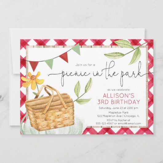 公園でのピクニックの夏の誕生日パーティー 招待状 (正面)