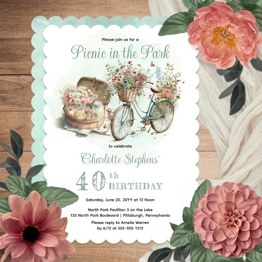公園でのピクニックフローラ40th誕生日パーティー 招待状