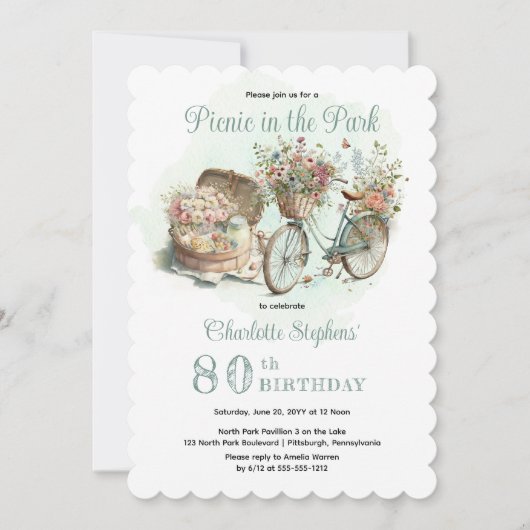 公園でのピクニックフローラ80th誕生日パーティー 招待状 (正面)