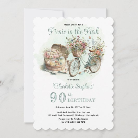 公園でのピクニックフローラ90th誕生日パーティー 招待状 (正面)