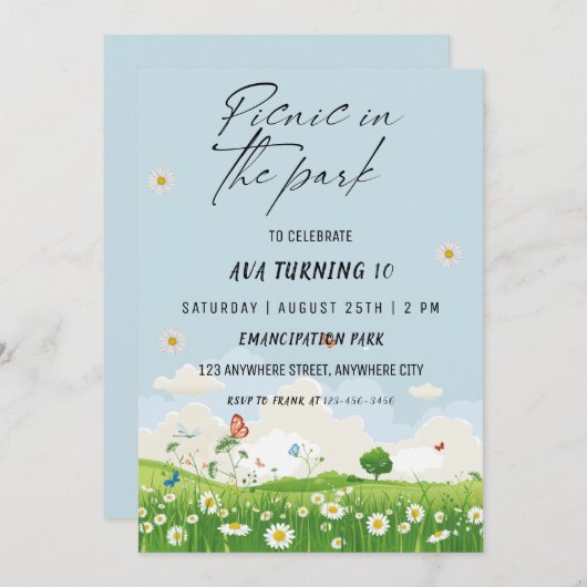 公園でのピクニック誕生日パーティーの招待 招待状 (正面/裏面)