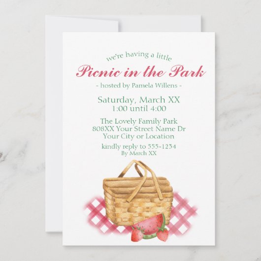 公園でのピクニック かわいい水彩バスケット 招待状 (正面)