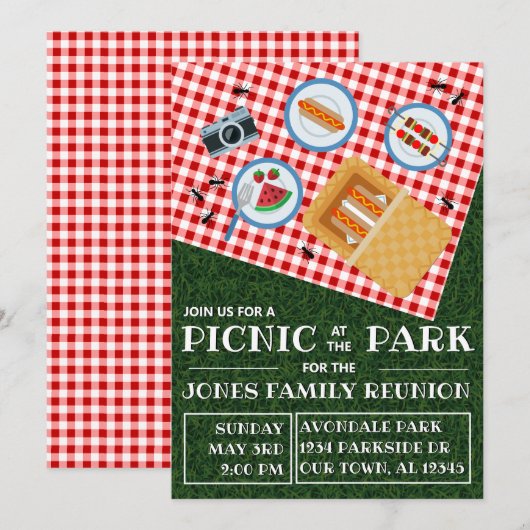 公園でのピクニック: 家族の再会 招待状 (正面/裏面)