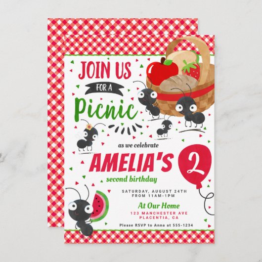 公園での夏のピクニック誕生日パーティー 招待状 (正面/裏面)