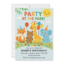 公園でパーティーの動物たち 誕生日招待状
