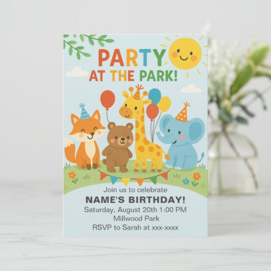 公園でパーティーの動物たち 誕生日招待状 招待状 (スタンド正面)