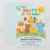 公園でパーティーの動物たち 誕生日招待状 招待状 (正面/裏面)