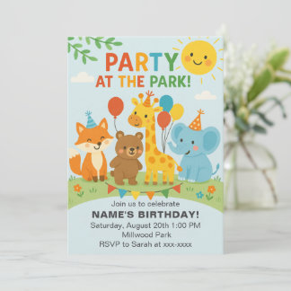 公園でパーティーの動物たち 誕生日招待状 招待状