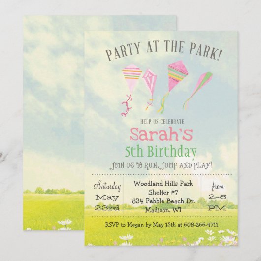 公園でパーティー キテイ 誕生日招待状(年齢不問) 招待状 (正面/裏面)