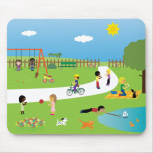 公園で遊んでいるかわいい漫画子供及びペット マウスパッド