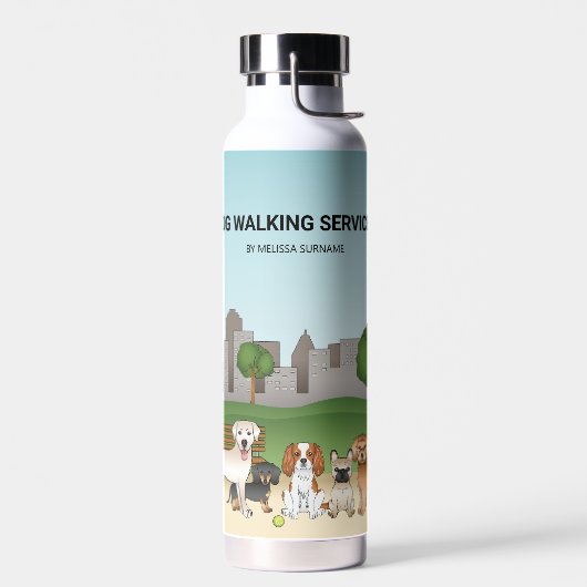 公園のかわいい漫画の犬 – 犬の歩くサービス ウォーターボトル (左面)