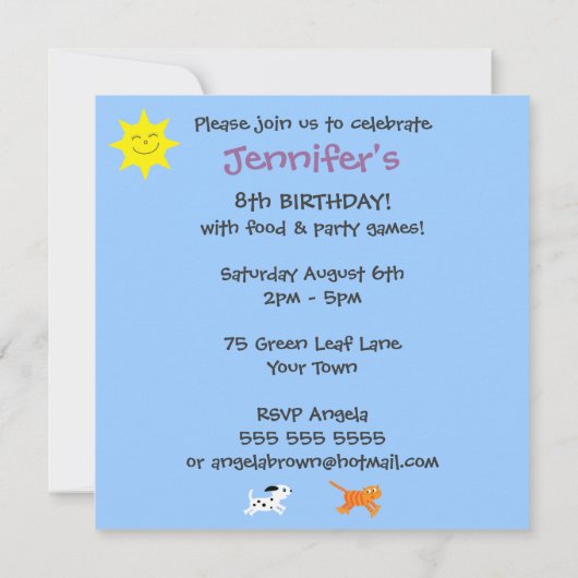 公園のカラフルでカスタマイズ可能なパーティーのかわいい子供 招待状 (裏面)