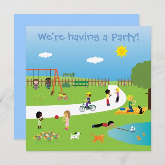 公園のパーティの招待状のテンプレートのかわいい子供 招待状 (正面/裏面)