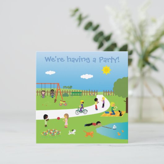 公園のパーティの招待状のテンプレートのかわいい子供 招待状 (スタンド正面)