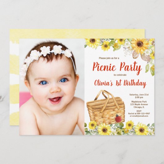 公園のヒマワリ写真の夏のピクニック 招待状 (正面/裏面)