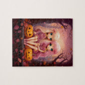 公園のピンクのハロウィーン姉妹の双子の女の子 ジグソーパズル (横)