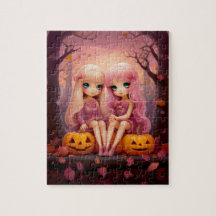 公園のピンクのハロウィーン姉妹の双子の女の子