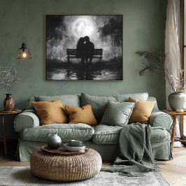 公園のベンチにロマンチックな月明かりのシルエット ポスター