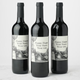 公園の古い噴水と彫刻の少年 ワインラベル