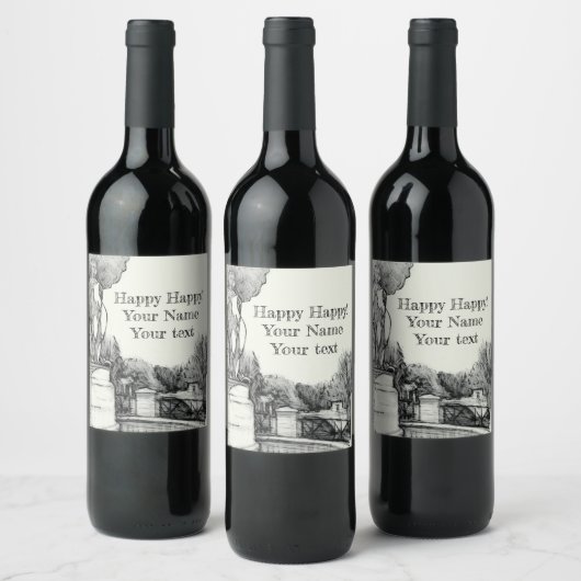 公園の古い噴水と彫刻の少年 ワインラベル (ボトル)