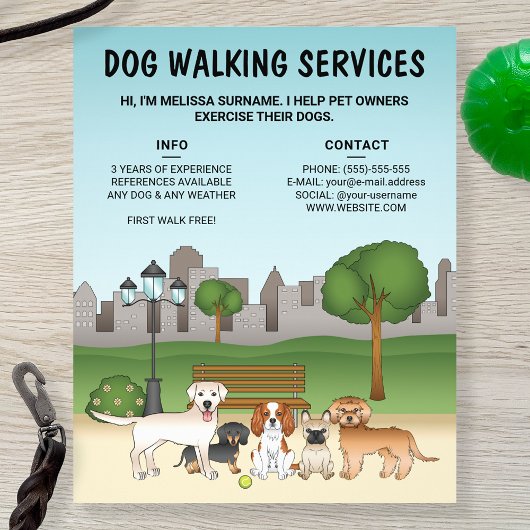 公園の可愛いキャラクター犬たち - 犬の散歩代行サービス チラシ