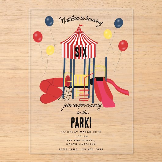 公園の子供たちの遊び場の誕生日パーティー アクリル招待状 (正面)