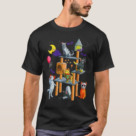 公園の猫ホラー ハロウィンの猫用デザイン Tシャツ (正面)