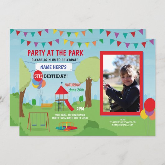 公園の誕生会のスライドは屋外の写真を振ります 招待状 (正面/裏面)
