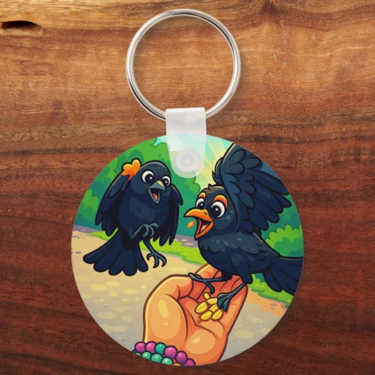 公園の食べ物を与え漫画の手からブラックバード キーホルダー (正面)