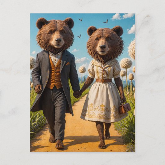 公園を散歩して愛らしいクマの夫婦 ポストカード (正面)