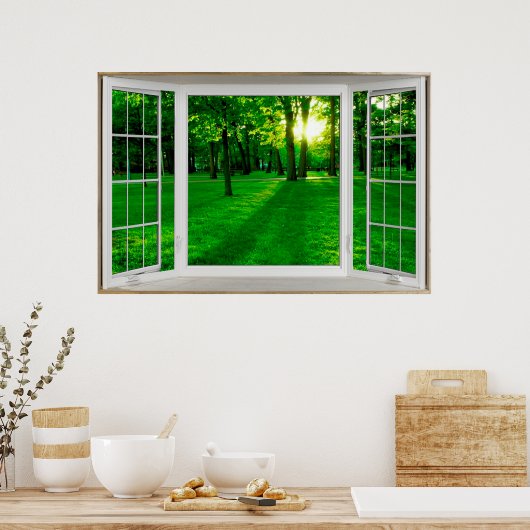 公園を見下ろす白いベイの窓の幻想 ポスター (キッチン)