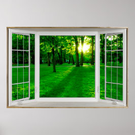 公園を見下ろす白いベイの窓の幻想 ポスター