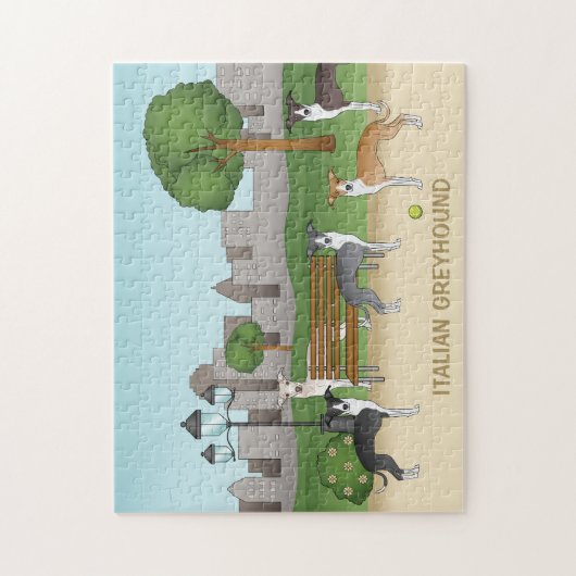 公園イタリアンの漫画アートの可愛いグレイハウンド犬 ジグソーパズル (縦)