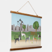 公園イタリアンの漫画アートの可愛いグレイハウンド犬 吊り下げ型タペストリー (傾斜あり)