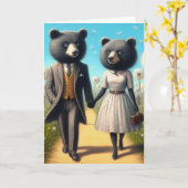 公園内を散歩してかわいらしいクマの夫婦 カード (黄色い花)