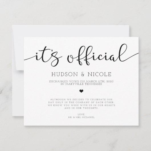 公式の極秘結婚発表 案内状 (正面)