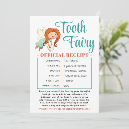 公式の歯の妖精の受領証明書の印刷可能 招待状 (スタンド正面)