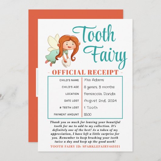 公式の歯の妖精の受領証明書の印刷可能 招待状 (正面/裏面)