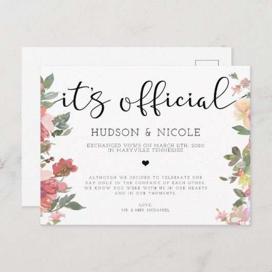 公式の駆け落ち結婚の発表後 案内ポストカード (正面/裏面)