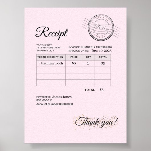 公式シール歯妖精の枕お金レシート ポスター (正面)