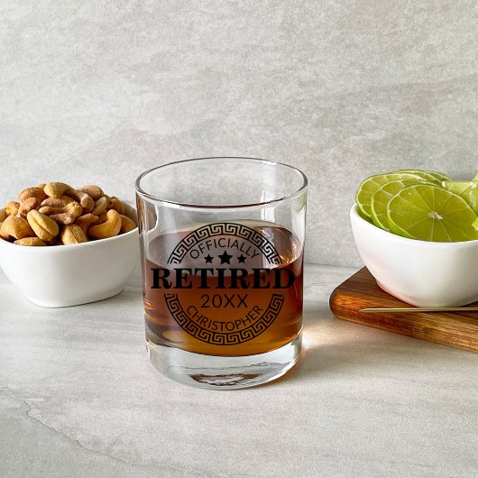 公式退職した名前をカスタムする&日付ギリシャ鍵 ウイスキーグラス