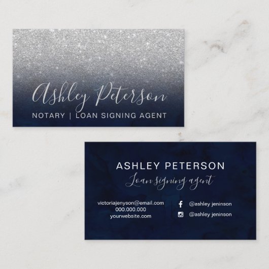 公証人のエレガントなタイポグラフィの濃紺の銀のグリッター 名刺 (正面/裏面)