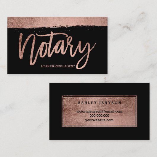 公証人のブラシのばら色の金ゴールドのタイポグラフィの黒 名刺 (正面/裏面)