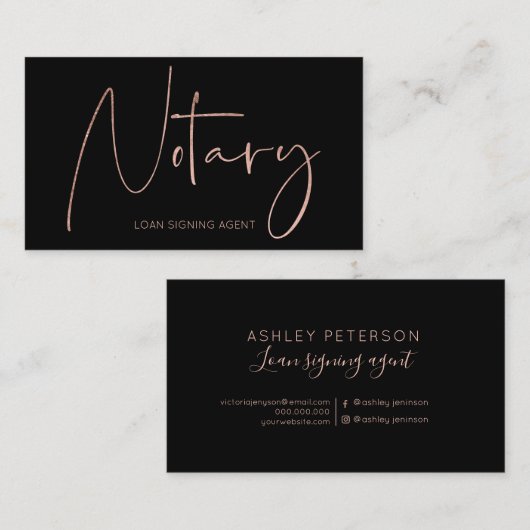 公証人のモダンのばら色の金ゴールドのタイポグラフィの黒 名刺 (正面/裏面)