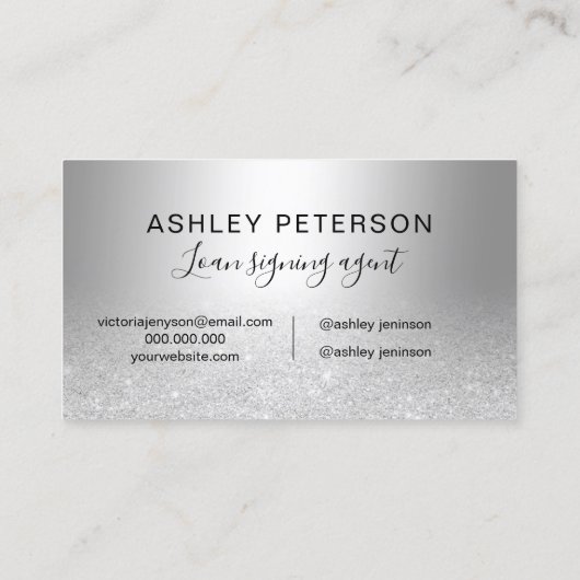 公証人のロゴのタイポグラフィの金属銀製のグリッター 名刺 (裏面)