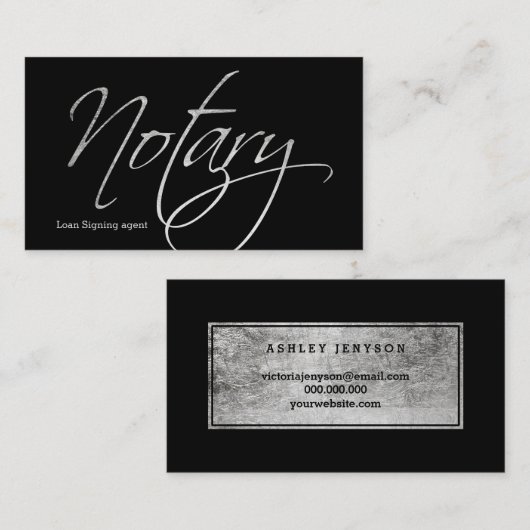 公証人の原稿のフェイクな銀製のタイポグラフィの黒 名刺 (正面/裏面)
