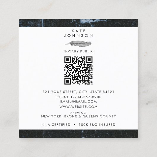 公証人の署名エージェント羽毛大理石のクイルのロゴ スクエア名刺 (裏面)