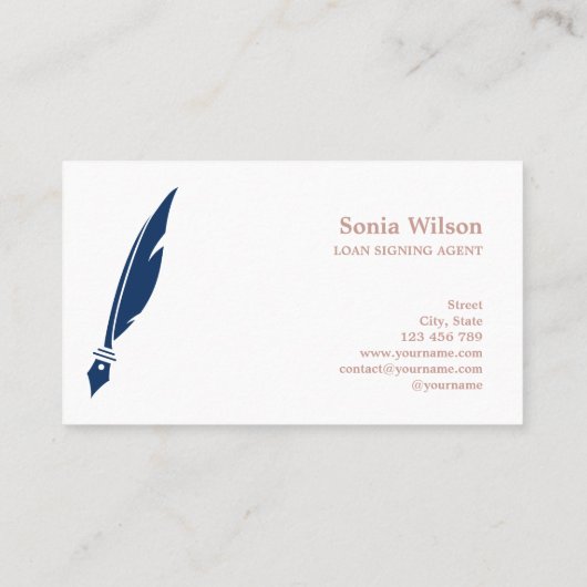 公証人エレガントブルーネイビータイポグラフィ羽毛ペン 名刺 (裏面)