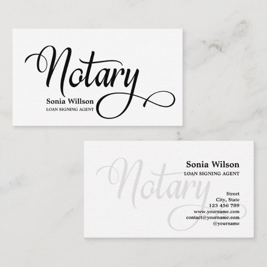 公証人エレガント黒モダン白タイポグラフィ 名刺 (正面/裏面)