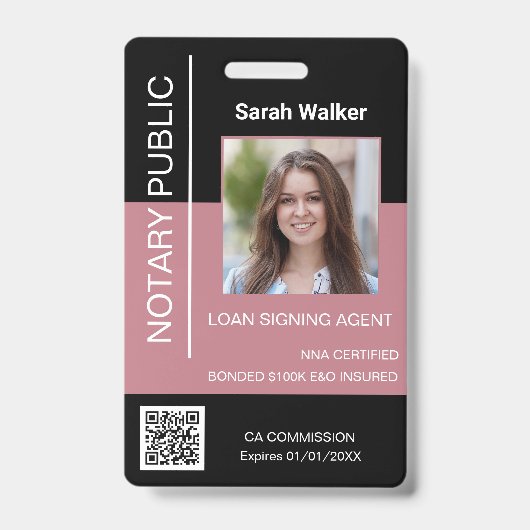 公証人パブリックID会社員ブラックほこりっぽいピンク バッジ (正面)